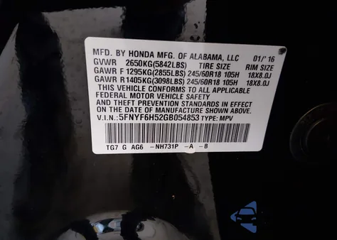 2016 Honda Pilot Ex-L из США, поврежденный, VIN 5FNYF6H52GB054853